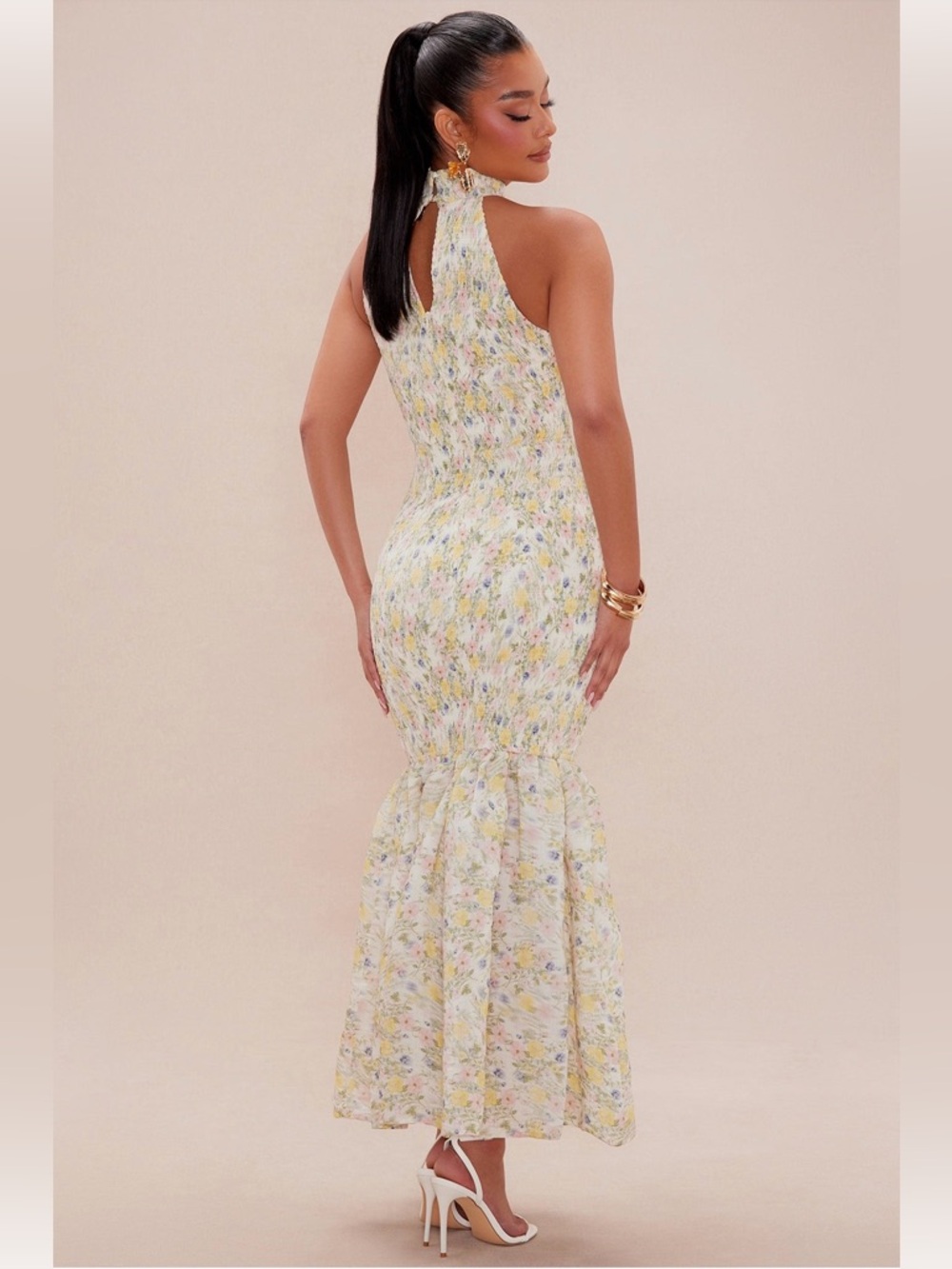 NOVA LUXE Floral Halter Mermaid Dress -Cream/Combo